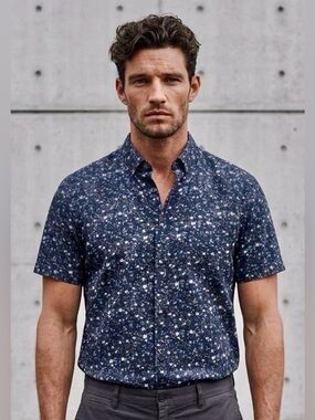 Catchit Men’s Dark Blue Floral Button Down Shirt in Large